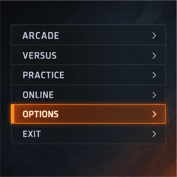 Illustrative Tekken 8-style main menu with Options highlighted in orange.