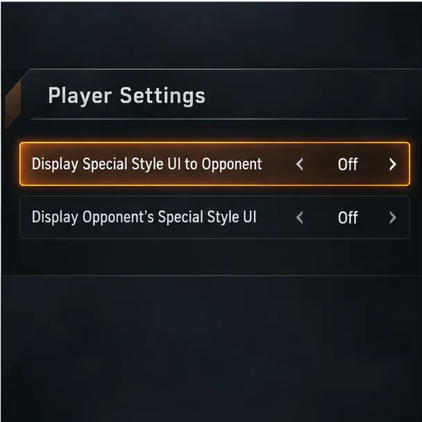 Illustrative Player Settings close-up with Display Special Style UI to Opponent highlighted and set to Off; the other UI setting is also Off.