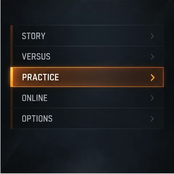 Illustrative Tekken-style main menu with Practice highlighted.