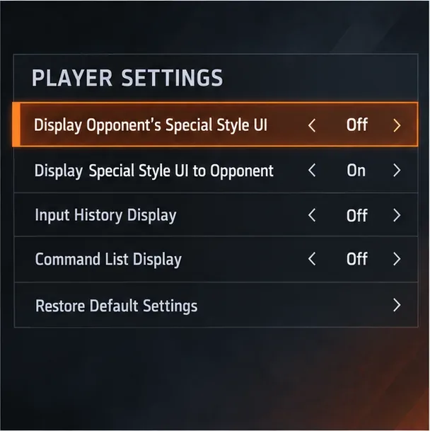 Illustrative Player Settings list with Display Opponent’s Special Style UI set to Off and Display Special Style UI to Opponent set to On.