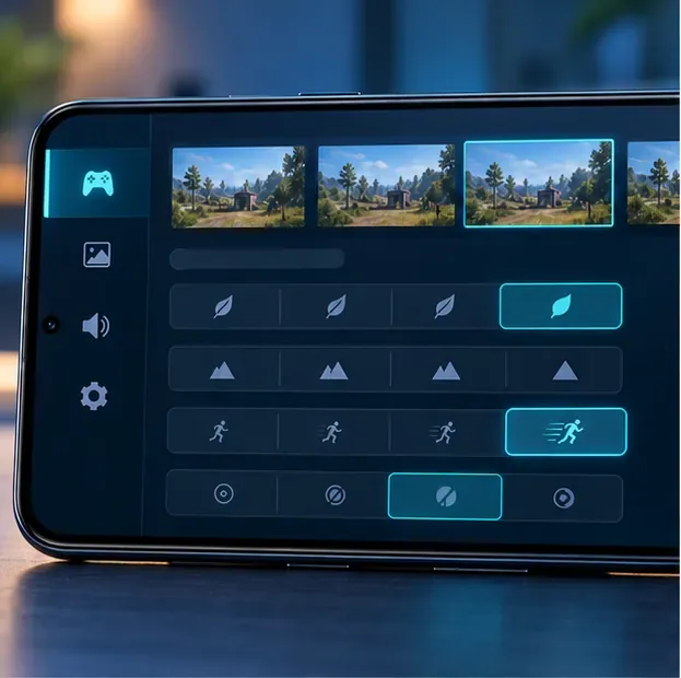 แผงกราฟิกเกมมือถือเชิงแนวคิด โดยเน้นตัวเลือกอัตราเฟรมสูงสุด