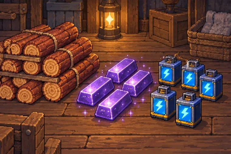 Piles of hardwood logs, five purple metal bars, and five blue battery packs arranged on a wooden floor.