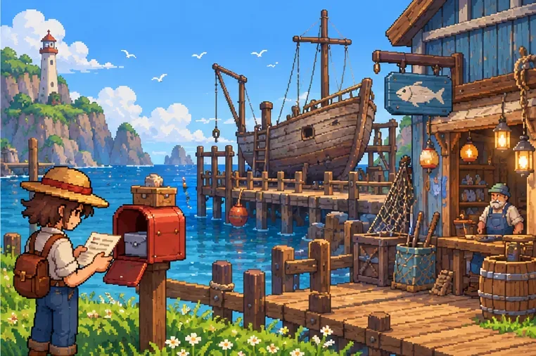 A farmer reading a letter beside a red mailbox near a seaside fish shop and wooden dock.