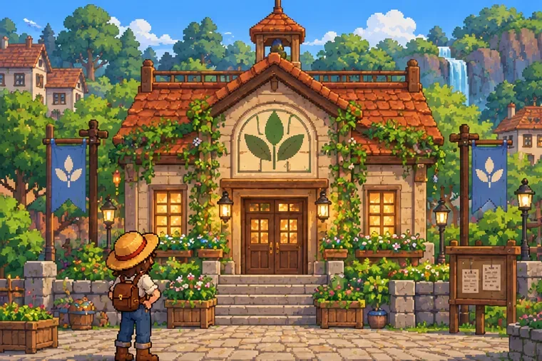 A farmer facing a restored community building in a green village square.
