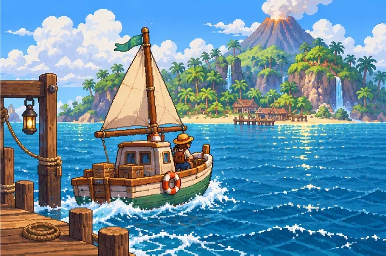 A small wooden boat sailing from a seaside pier toward a tropical island with palm trees and a volcano.