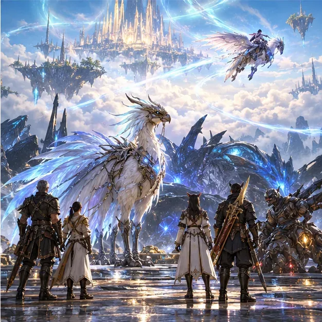 A party of adventurers gathers beside a large pale winged mount after a fantasy battle, with another rider flying over a luminous landscape above them.