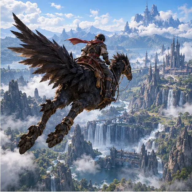 An adventurer rides a dark-feathered chocobo above a mountainous landscape with waterfalls and a distant city.