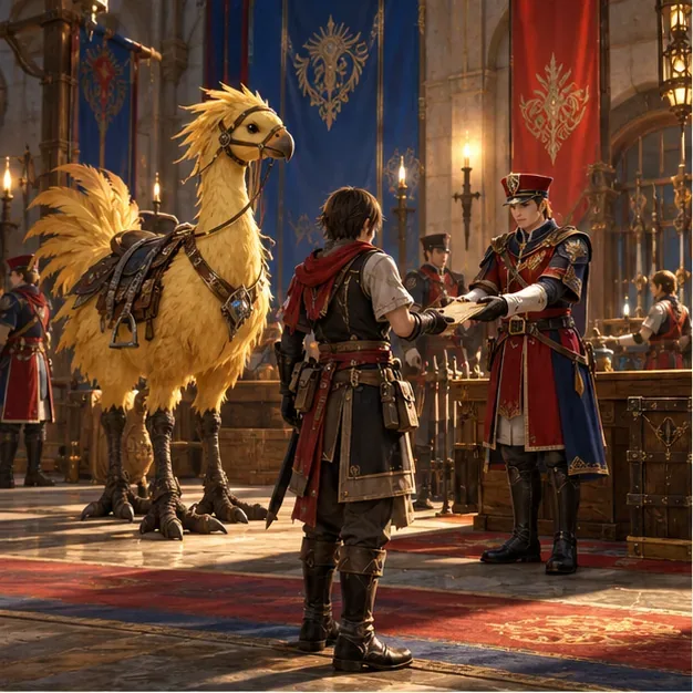 A new adventurer receives an issuance from a uniformed officer while a yellow chocobo waits in a Grand Company hall.