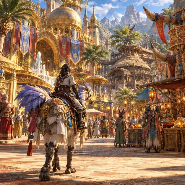 A mounted adventurer enters a colorful resort market lined with ornate buildings, stalls, banners, and other travelers.