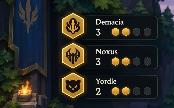 Painel ilustrado de características listando Demacia 3, Noxus 3 e Yordle 2.
