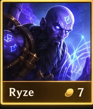 Cartão ilustrado da loja do Ryze com borda dourada, exibindo o preço de 7 de ouro.