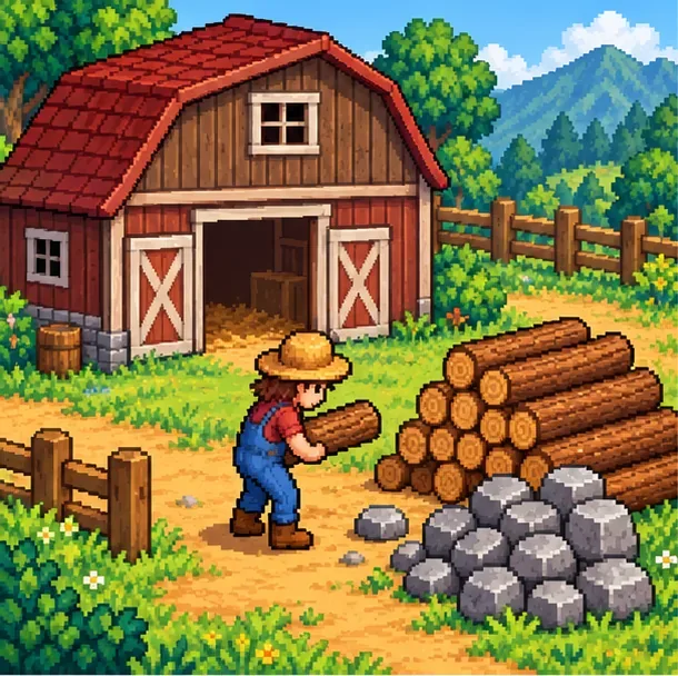 A pixel-art farmer carries a log beside a red-roofed barn, a stack of lumber, and gray stones.