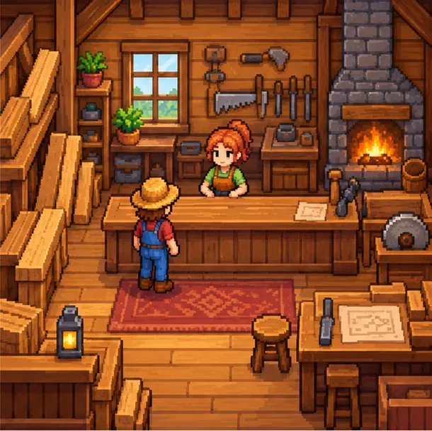 A red-haired carpenter stands behind a wooden counter as a farmer enters a timber workshop lined with tools.
