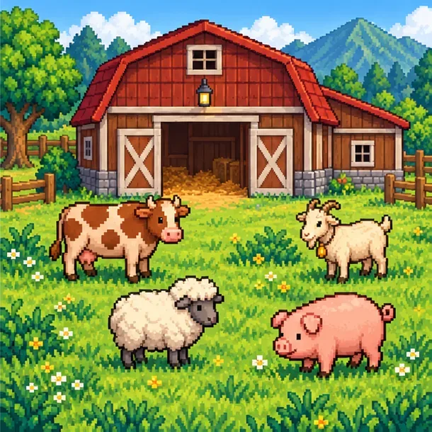 A cow, goat, sheep, and pink pig graze in front of a large red-roofed barn.