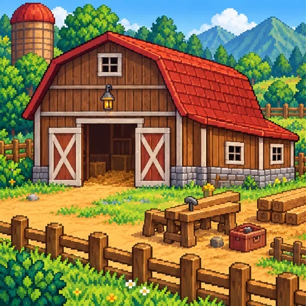A larger red-roofed wooden barn stands on a farm beside a workbench and building materials.