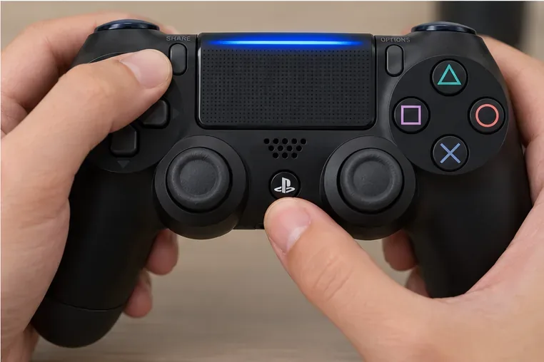Hands pressing Share and PS on a DUALSHOCK 4 controller while its light bar blinks
