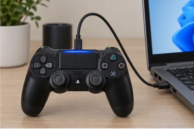 A black DUALSHOCK 4 controller connected to a Windows laptop with a micro-USB cable