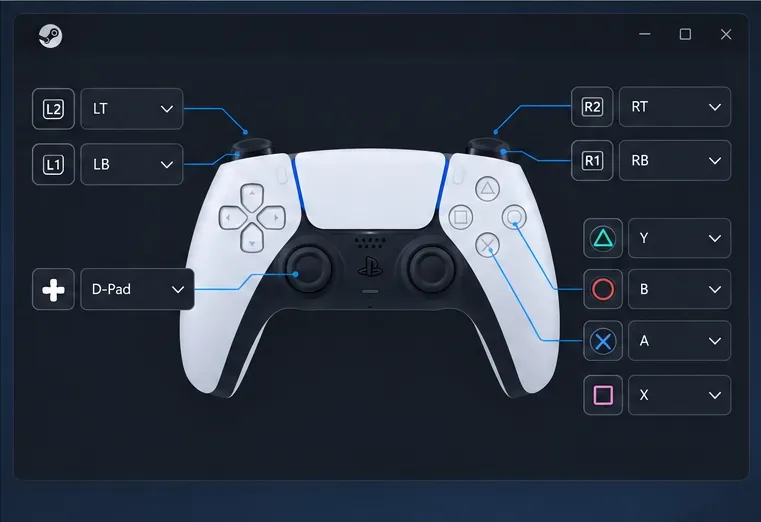 Simplified Steam Input layout editor showing editable button mappings for a PlayStation controller