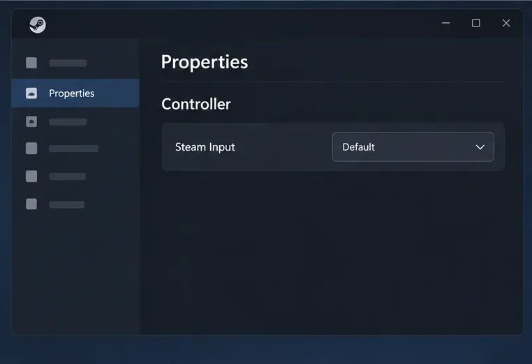 Simplified Steam game Properties Controller page with the Steam Input override set to Default