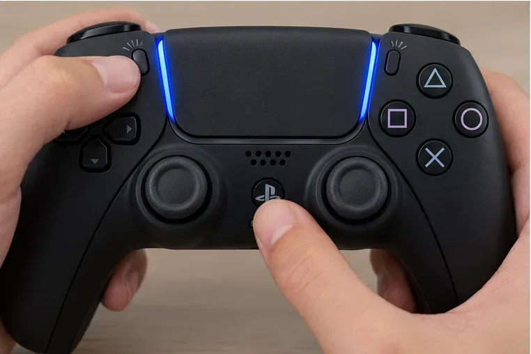 Hands pressing Create and PS on a DualSense controller while its light bar blinks