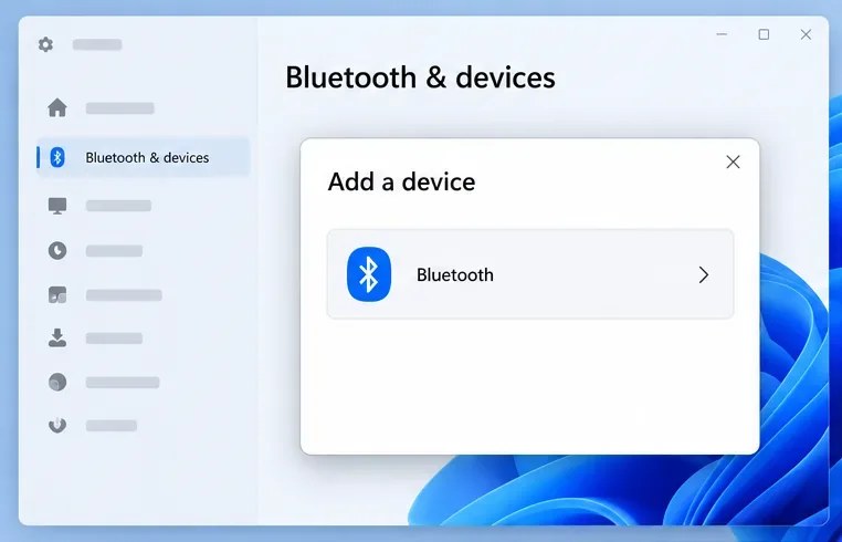 Simplified Windows 11 Bluetooth and devices screen with the Add a device dialog open