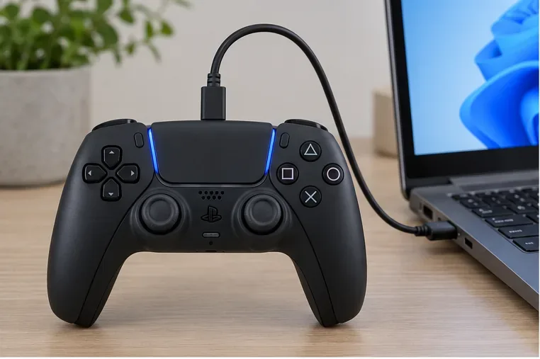 A black DualSense controller connected to a Windows laptop with a USB-C cable