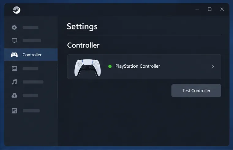 Simplified Steam Settings Controller page showing a PlayStation controller as connected