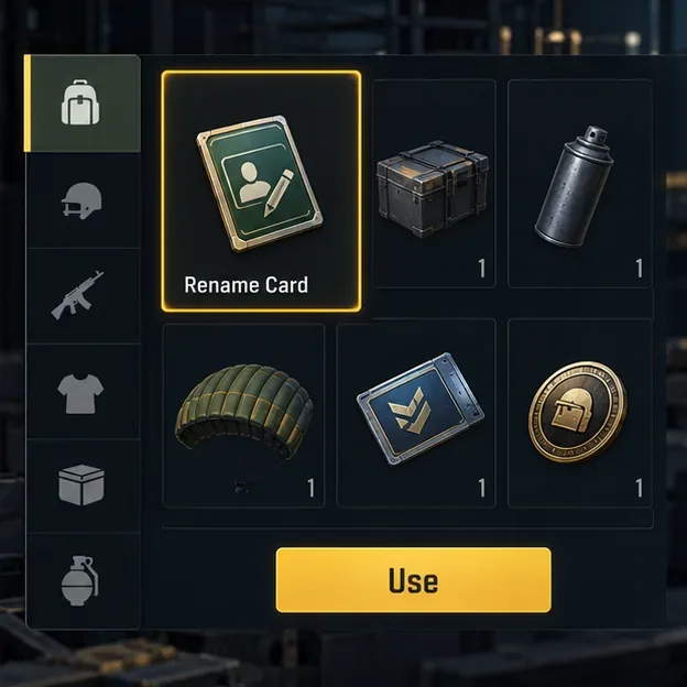 Conceptual inventory screen with a Rename Card selected and the Use button visible