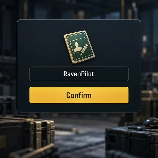 Conceptual confirmation dialog showing the nickname RavenPilot and a Confirm button