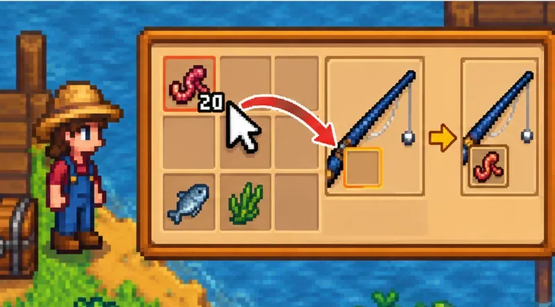 Pixel-art inventarisweergave met een stapel van 20 rode aasstukjes die in het gemarkeerde aasvak van een blauwe vishengel worden geplaatst.
