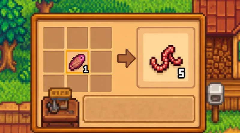 Pixel-art knutselinventaris die laat zien hoe één Bug Meat-item wordt omgezet in vijf rode aasstukjes.