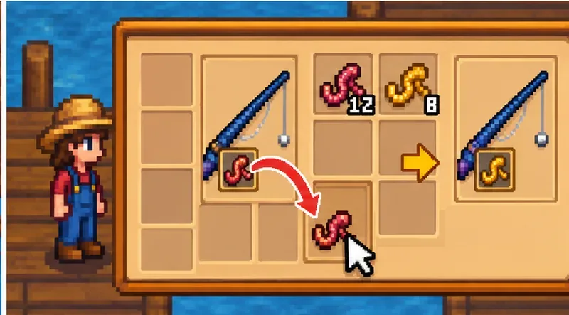 Een pixel-art afbeelding van een visuitrusting, waarop te zien is hoe een stapel rood aas van een hengel wordt gehaald en vervangen door geel aas.