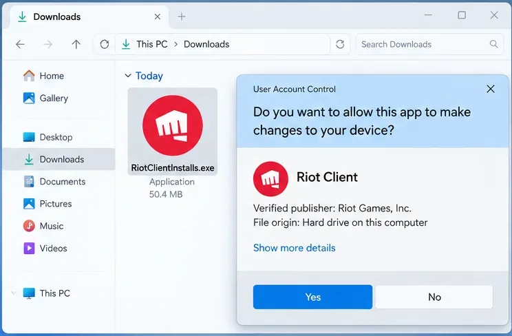 Windows Downloads folder with a Riot Client installer and a User Account Control permission dialog