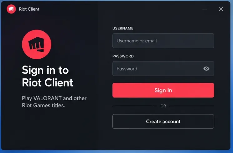 Riot Client sign-in view showing username and password fields and a Create account option