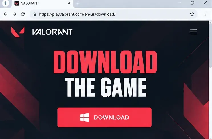 Valorant download webpage in a browser with the red Download button visible