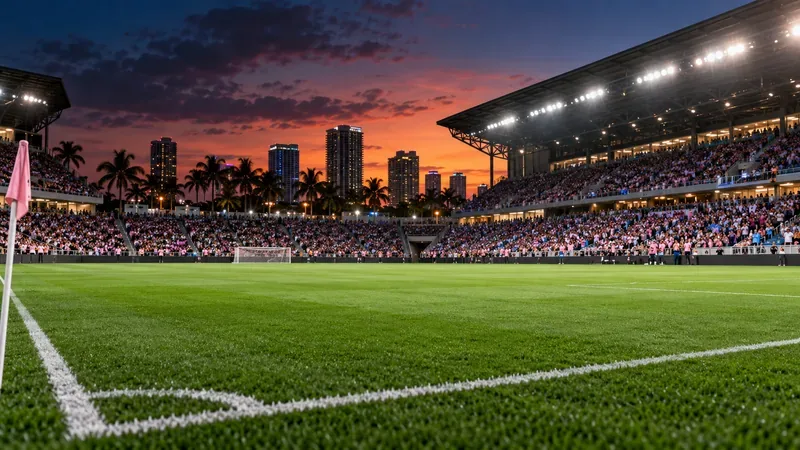Een weids uitzicht op een voetbalveld en een volgepakt stadion onder een roze zonsondergang in Miami.