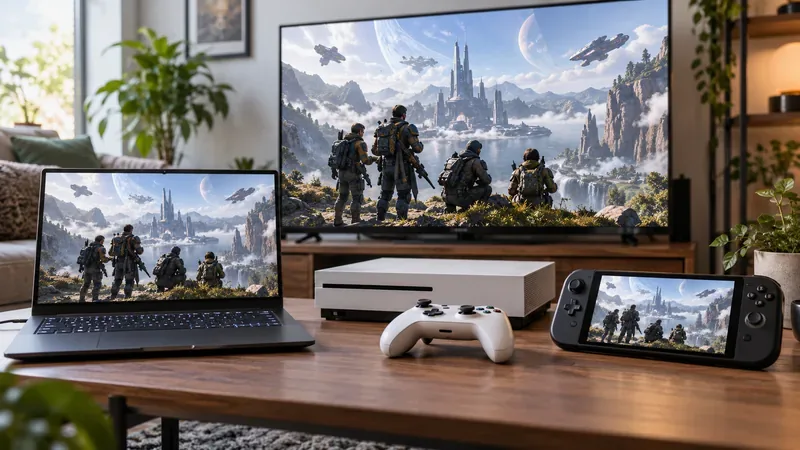 Um laptop, um console doméstico e um dispositivo portátil para jogos exibindo o mesmo cenário fictício de jogo de tiro em equipe.