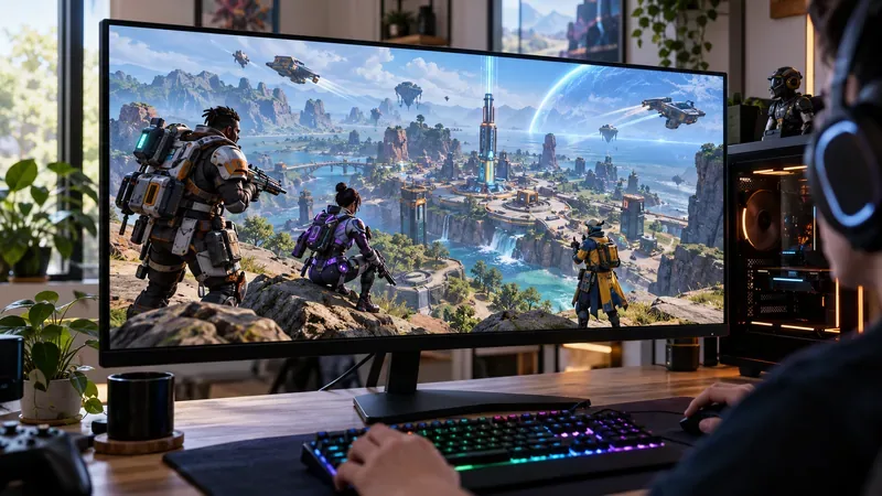 Uma configuração de PC para jogos exibindo uma partida fictícia de battle royale em um monitor widescreen.