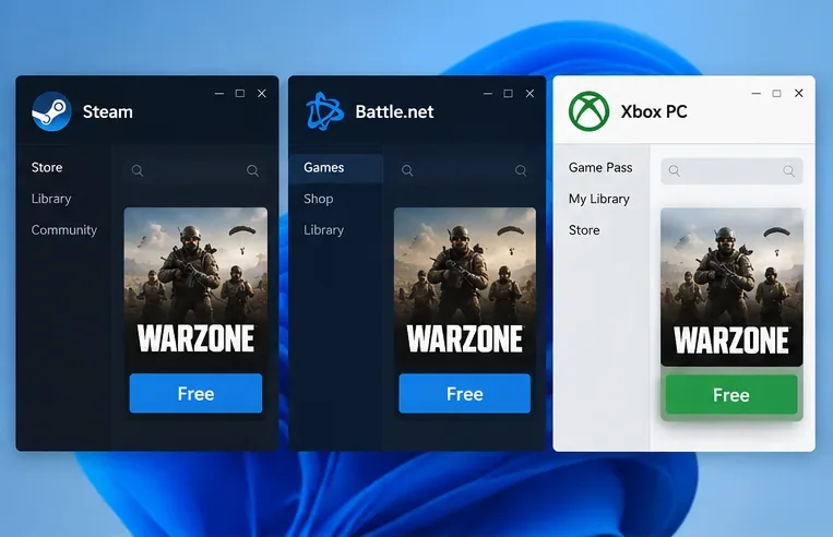 Three PC storefront panels labeled Steam, Battle.net, and Xbox PC, each presenting Warzone as free.