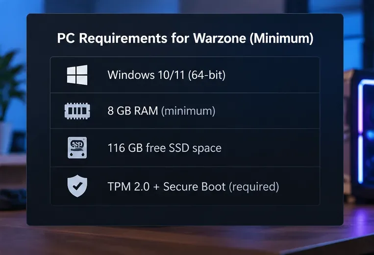 PC requirements panel listing 64-bit Windows, 8 GB RAM, 116 GB of free SSD space, TPM 2.0, and Secure Boot.