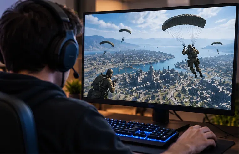 PC gamer wearing headphones watches parachuting soldiers descend over a large battlefield on a monitor.