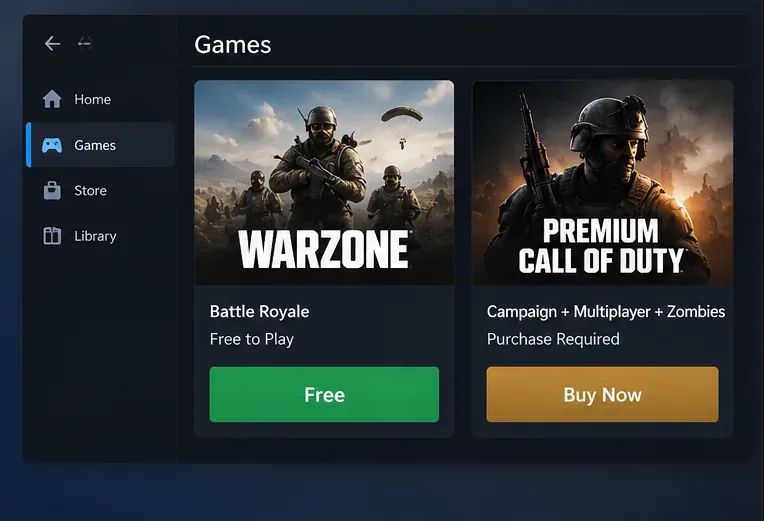 Game library layout contrasting a free Warzone battle royale tile with a premium Call of Duty campaign and multiplayer tile.