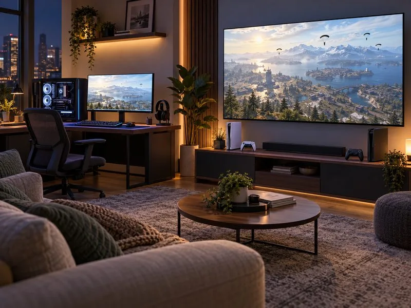 A gaming PC and generic current-generation consoles display the same fictional battle-royale landscape.