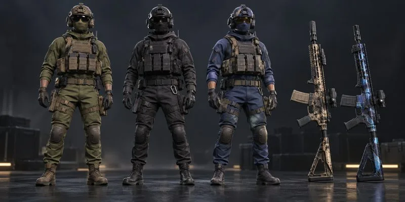 Three tactical game avatars in different uniform colors stand beside two decorated weapon designs.