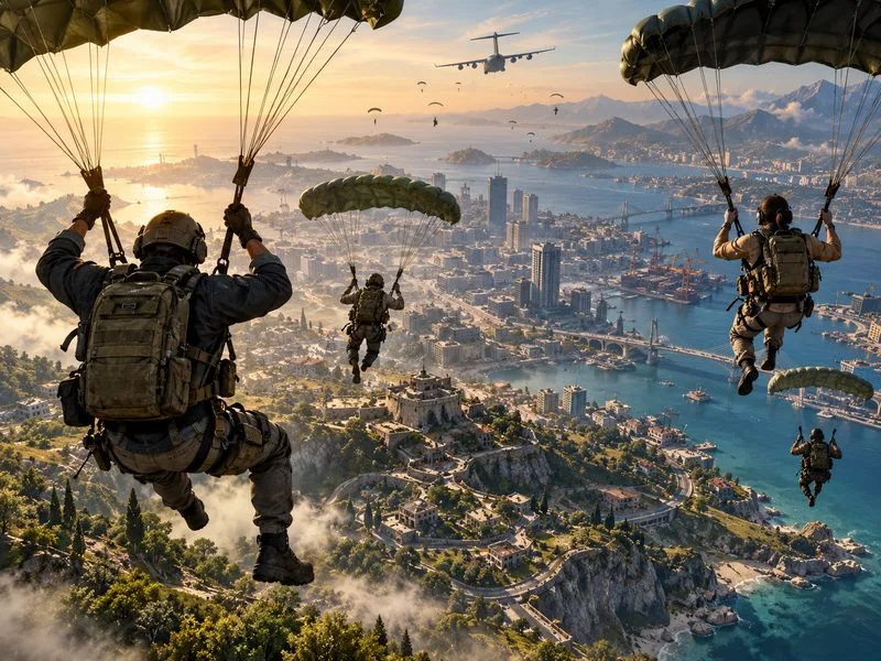 Generic battle-royale operators parachute toward a fictional coastal city.
