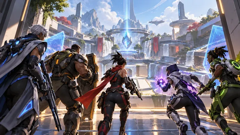 Five futuristic hero-shooter fighters approach a bright arena in a conceptual scene illustrating FragPunk’s 5v5 format