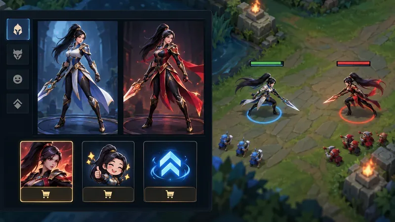 Um painel de personalização do jogo mostra um herói com duas roupas diferentes, enquanto uma vinheta de partida de tamanho igual exibe os campeões adversários com barras de vida idênticas.