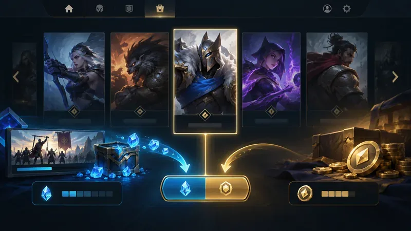As cartas de campeão ficam acima de dois caminhos de desbloqueio, com cristais azuis para Essência Azul ganha e fichas douradas para um atalho opcional com moeda premium.