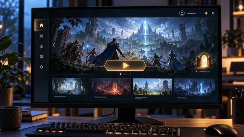 Um monitor de computador exibe a tela inicial de um cliente de jogo de fantasia com um grande botão "jogar", representando o acesso gratuito ao jogo base.