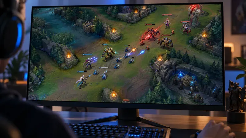 Um monitor de computador exibindo uma partida de MOBA de fantasia cinco contra cinco em um mapa de três rotas.